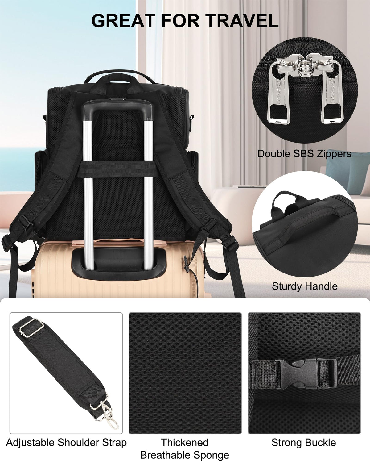 Relavel tattoo backpack with luggage strap enables hands-free airport mobility