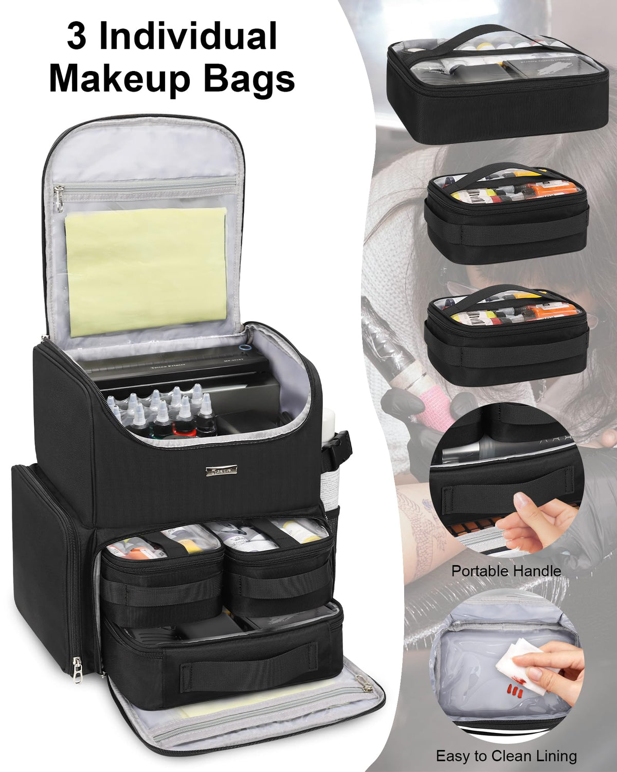 Relavel tattoo travel case three clear bags for easy organization of inks and tools.