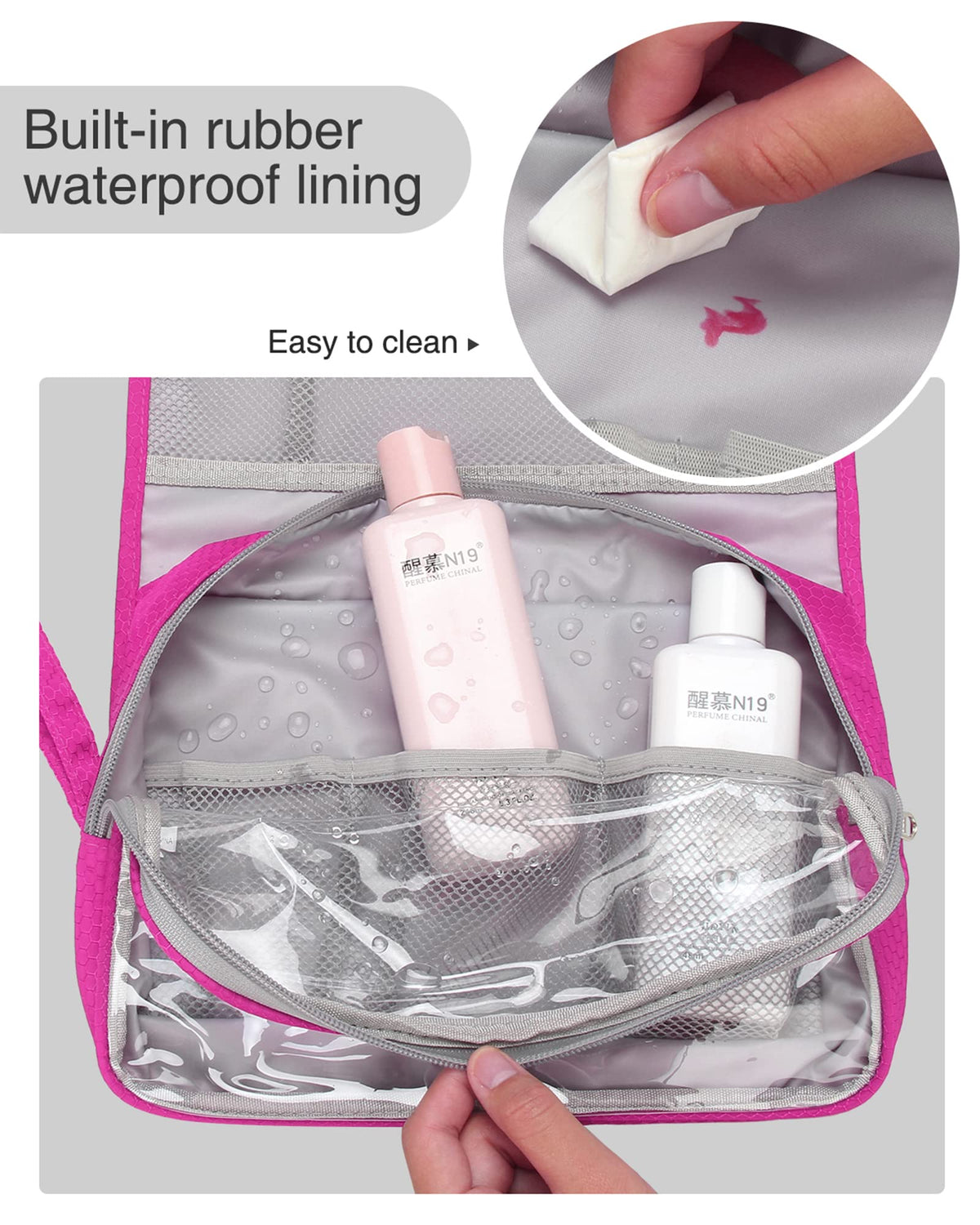 Relavel hot pink hanging toiletry bag seen in luggage