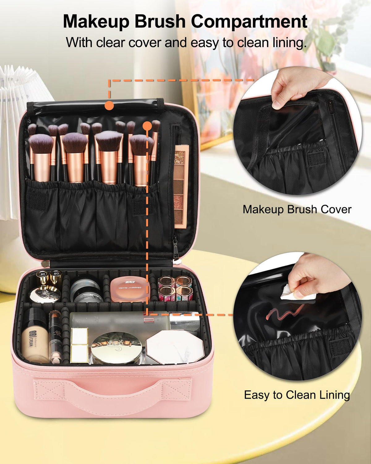 Relavel Train Case brush slots design for tidy tool storage