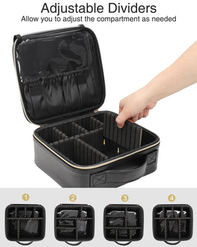 Relavel travel case side profile with adjustable dividers for organized cosmetics.