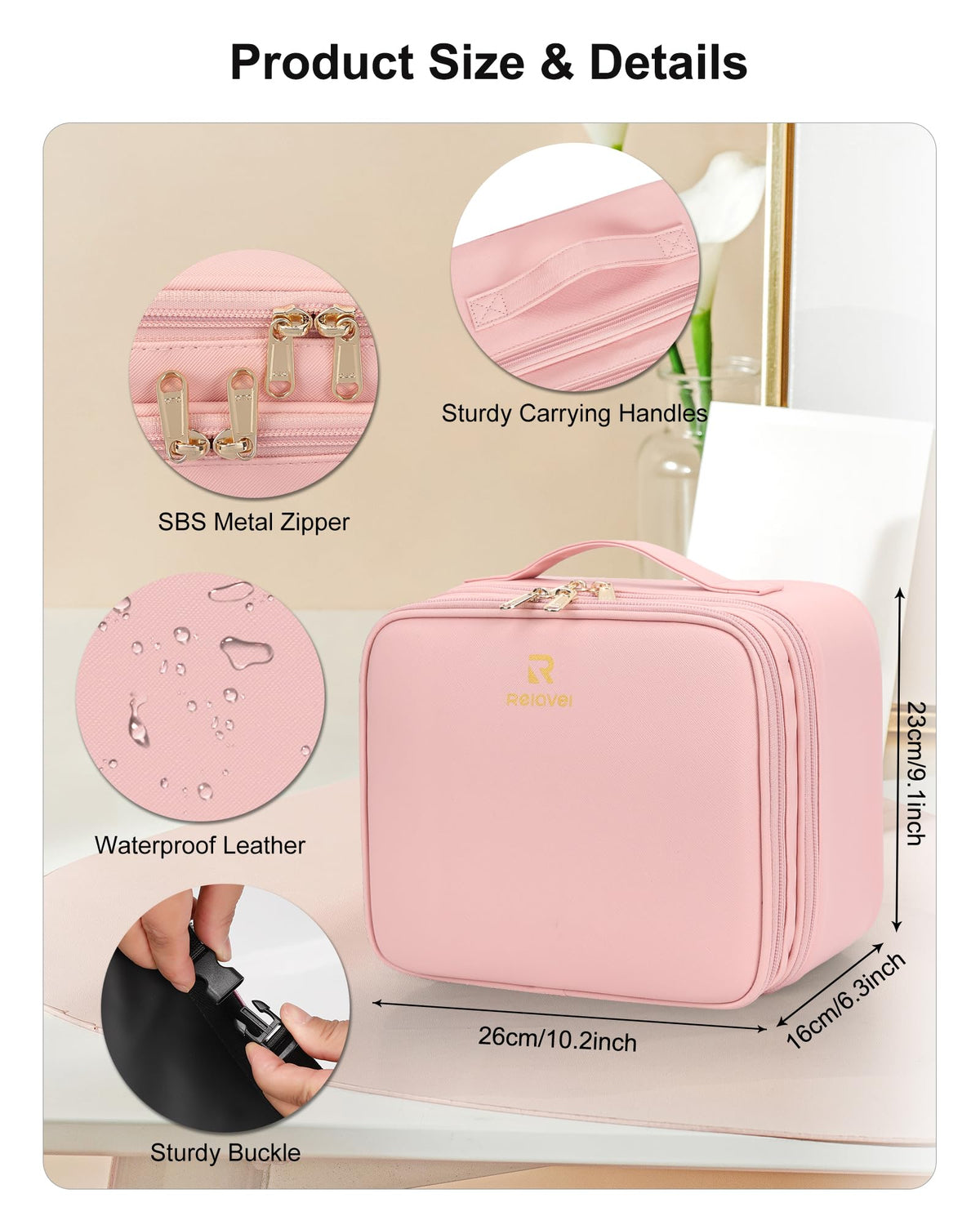 Relavel travel cosmetic case with 3-color lights for adaptable lighting.