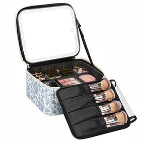 Relavel travel makeup bag with LED mirror, front view in blue flower design for on the go touch-ups