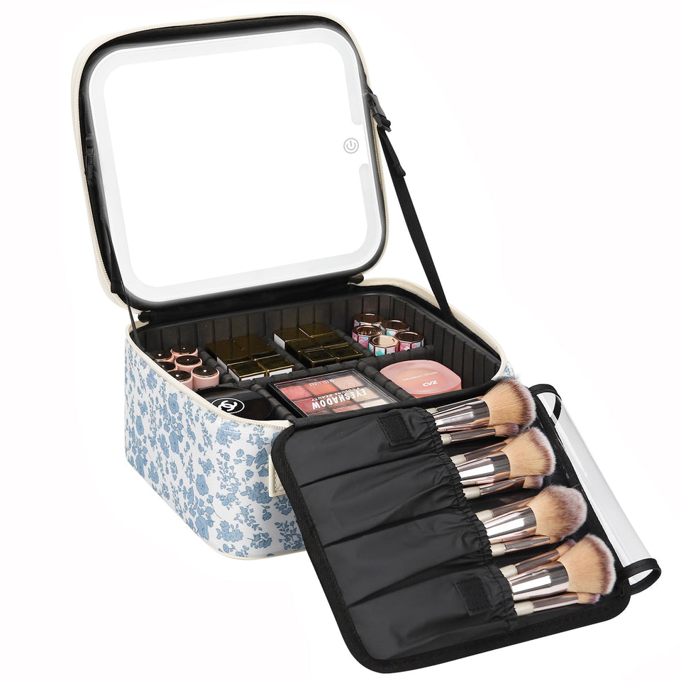 Relavel travel makeup bag with LED mirror, front view in blue flower design for on the go touch-ups