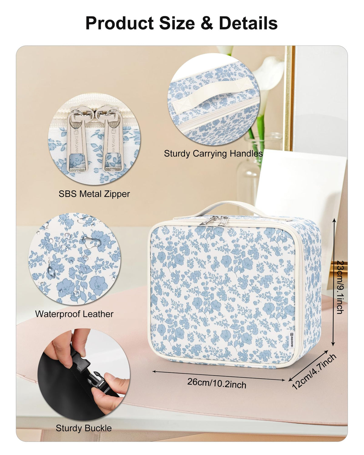 Relavel makeup bag open to show detachable partitions and organization