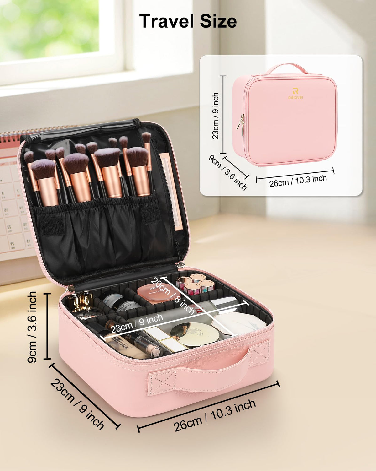 Relavel Travel Makeup Train Case jewelry pocket for accessories on the go