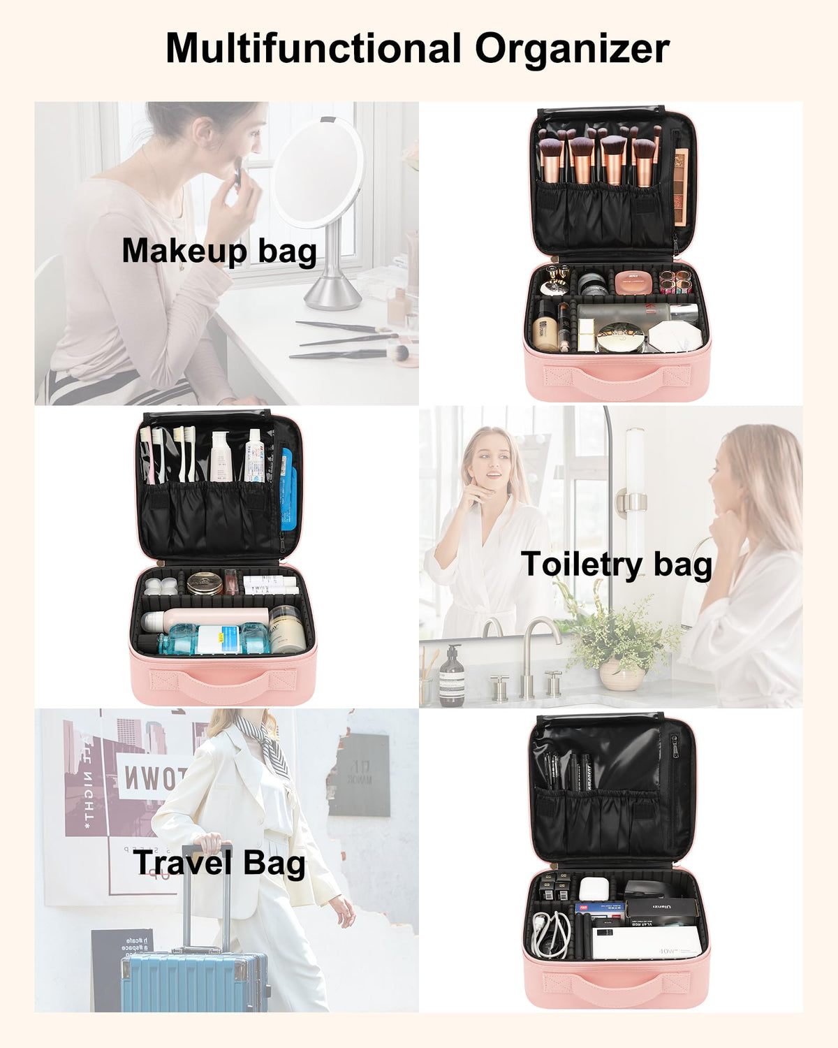 Relavel Travel Makeup Train Case holds toiletries and electronics securely