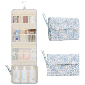 Relavel travel toiletry bag with hanging hook in blue floral; keeps toiletries organized on the go