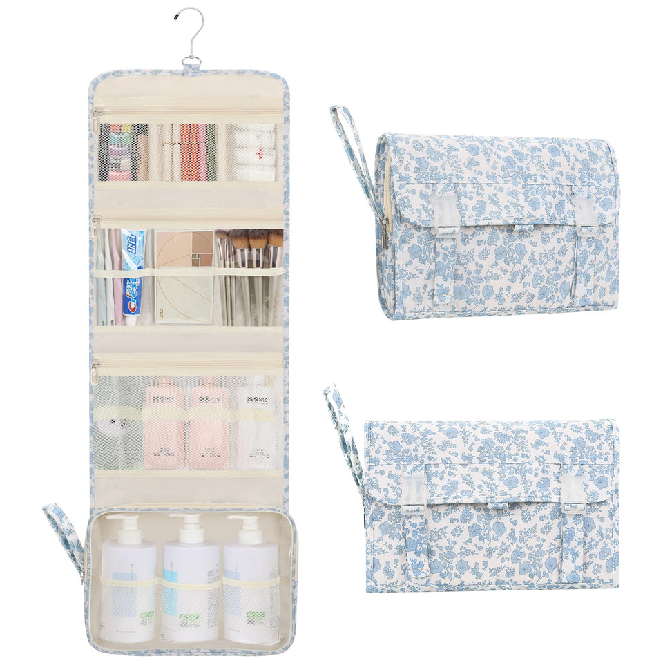 Relavel travel toiletry bag with hanging hook in blue floral; keeps toiletries organized on the go