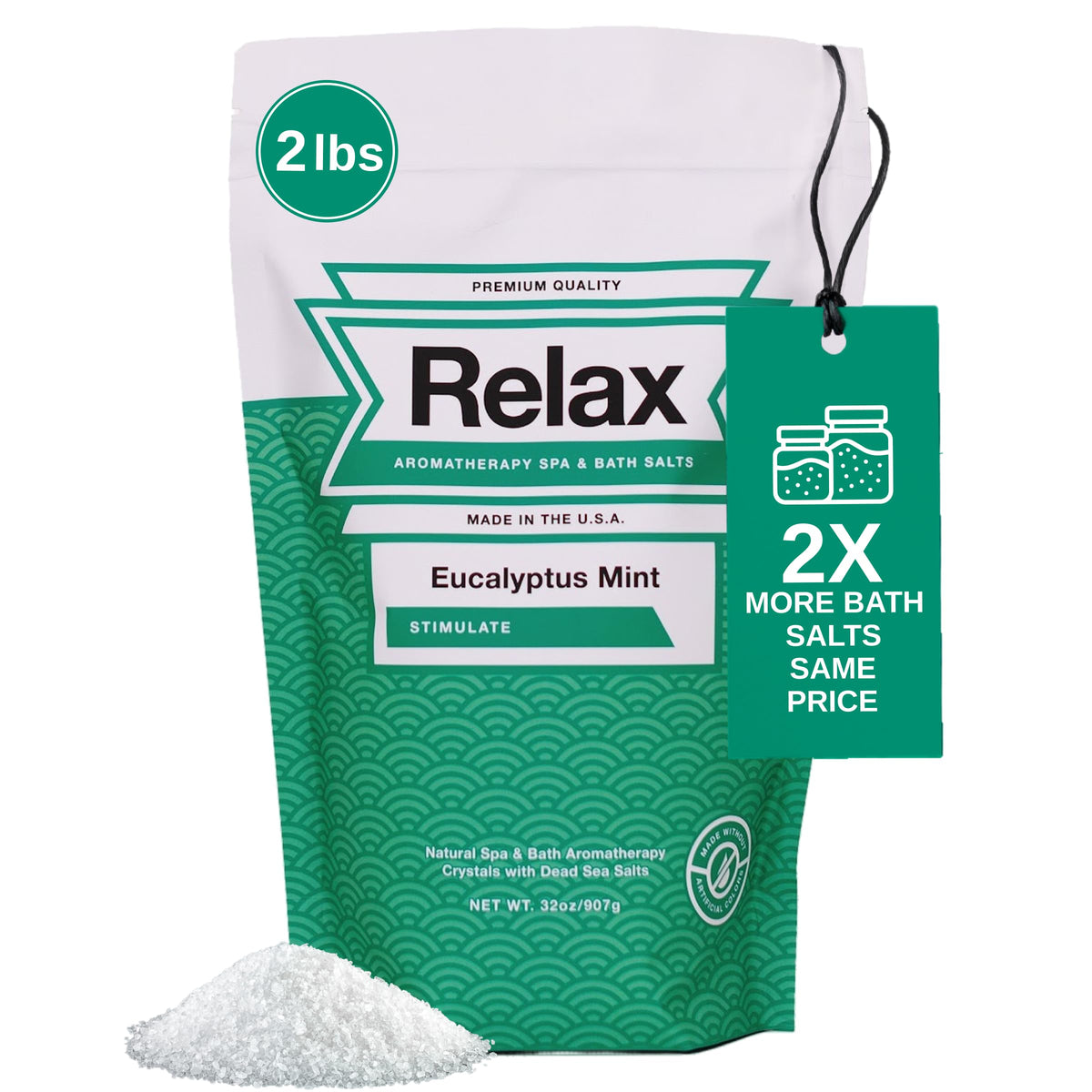 Relax Spa & Bath aromatherapy salts bottle pouring, delivering crisp eucalyptus mint scent for spa-like soaks.