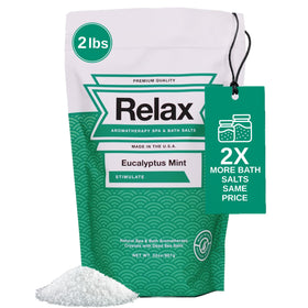 Relax Spa & Bath aromatherapy salts bottle pouring, delivering crisp eucalyptus mint scent for spa-like soaks.
