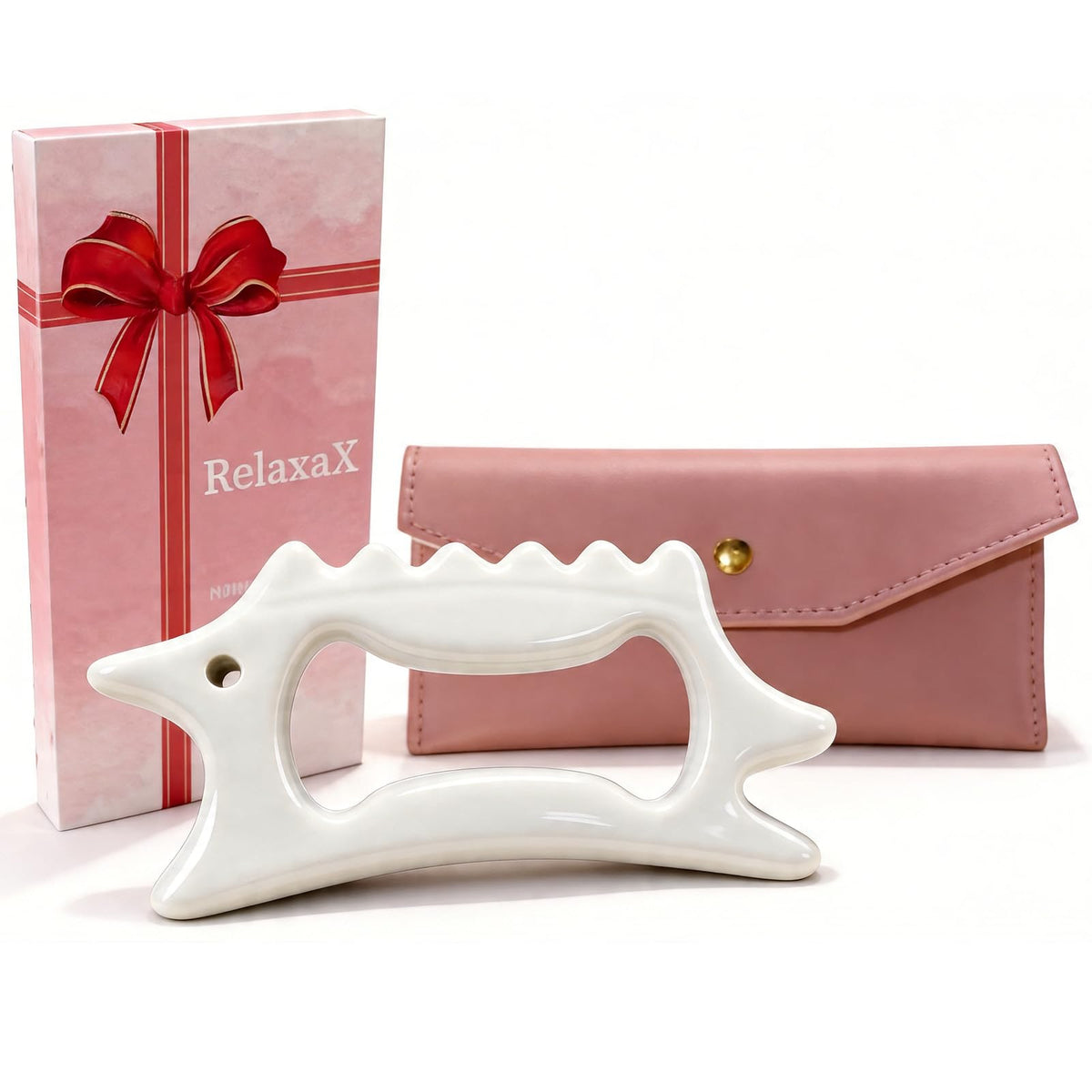 RelaxaX ceramic gua sha face tool for lifting and contouring the cheekbones.
