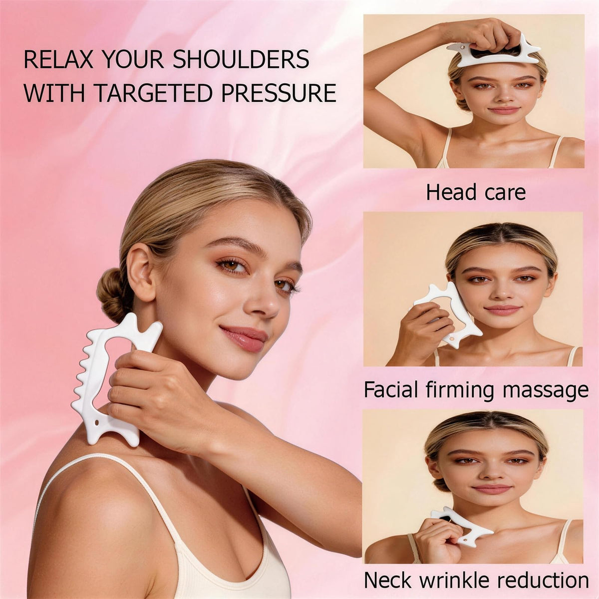 RelaxaX ceramic gua sha on neck for contour and drainage.