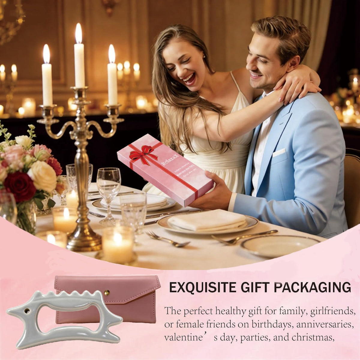 RelaxaX gift box gua sha set with pouch and manual.