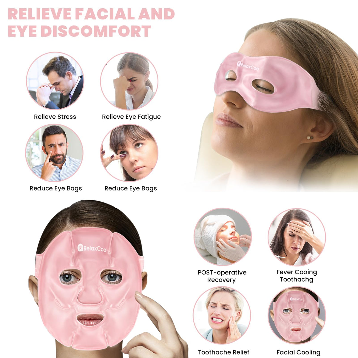 RelaxCoo eye packs included for targeted cooling around the eyes