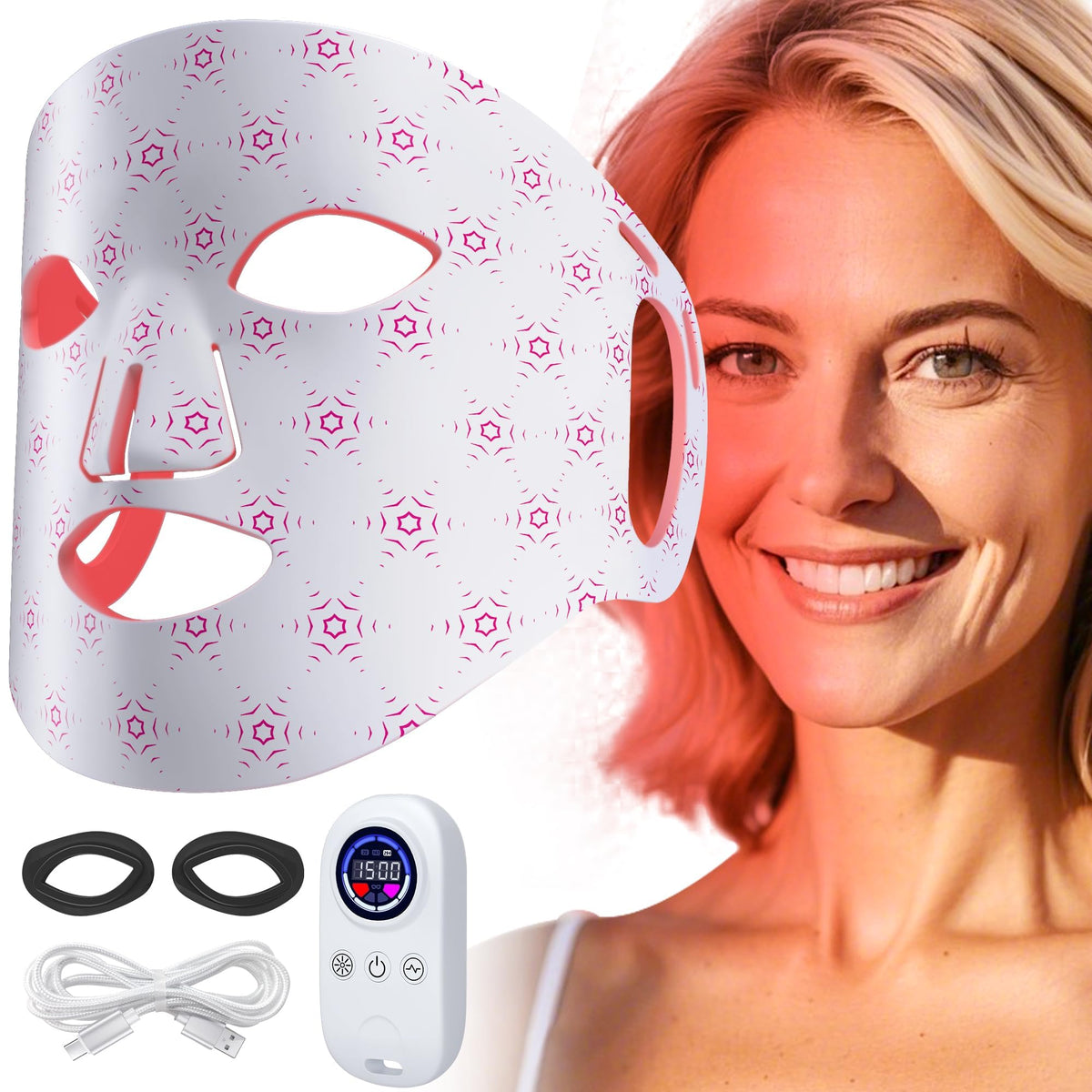 ReLuien red light mask face front view promotes at-home skin rejuvenation potential