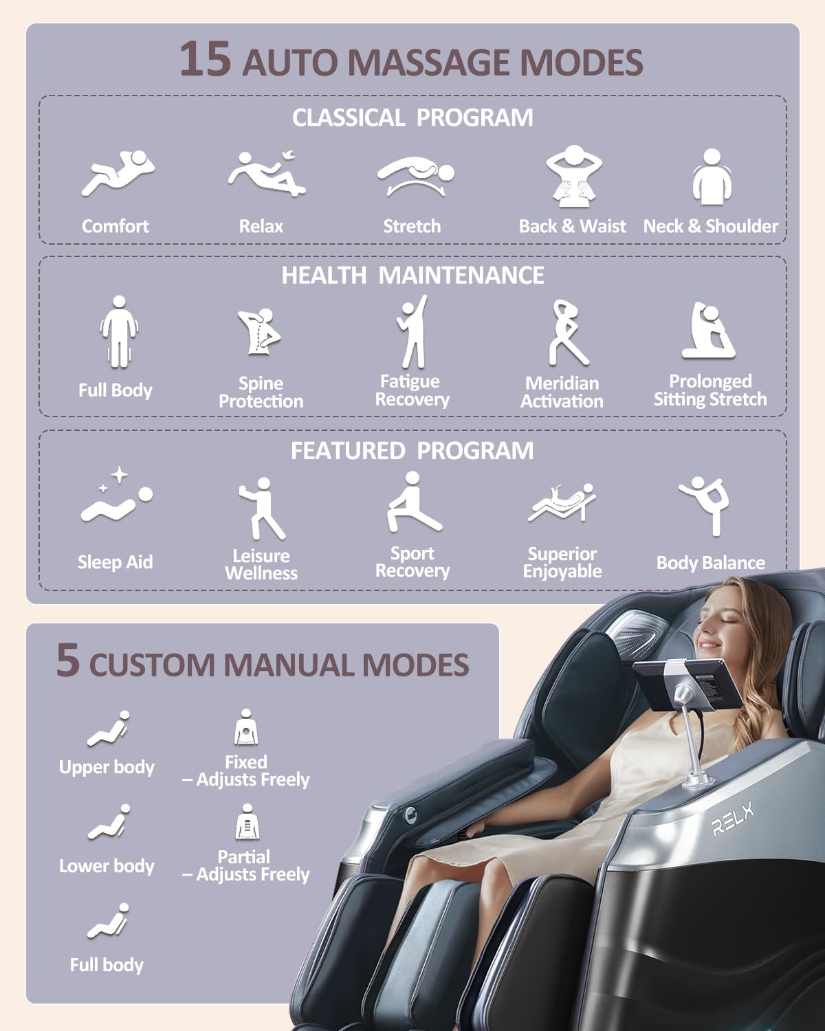RELX zero gravity position demonstrating elevated comfort and spinal support