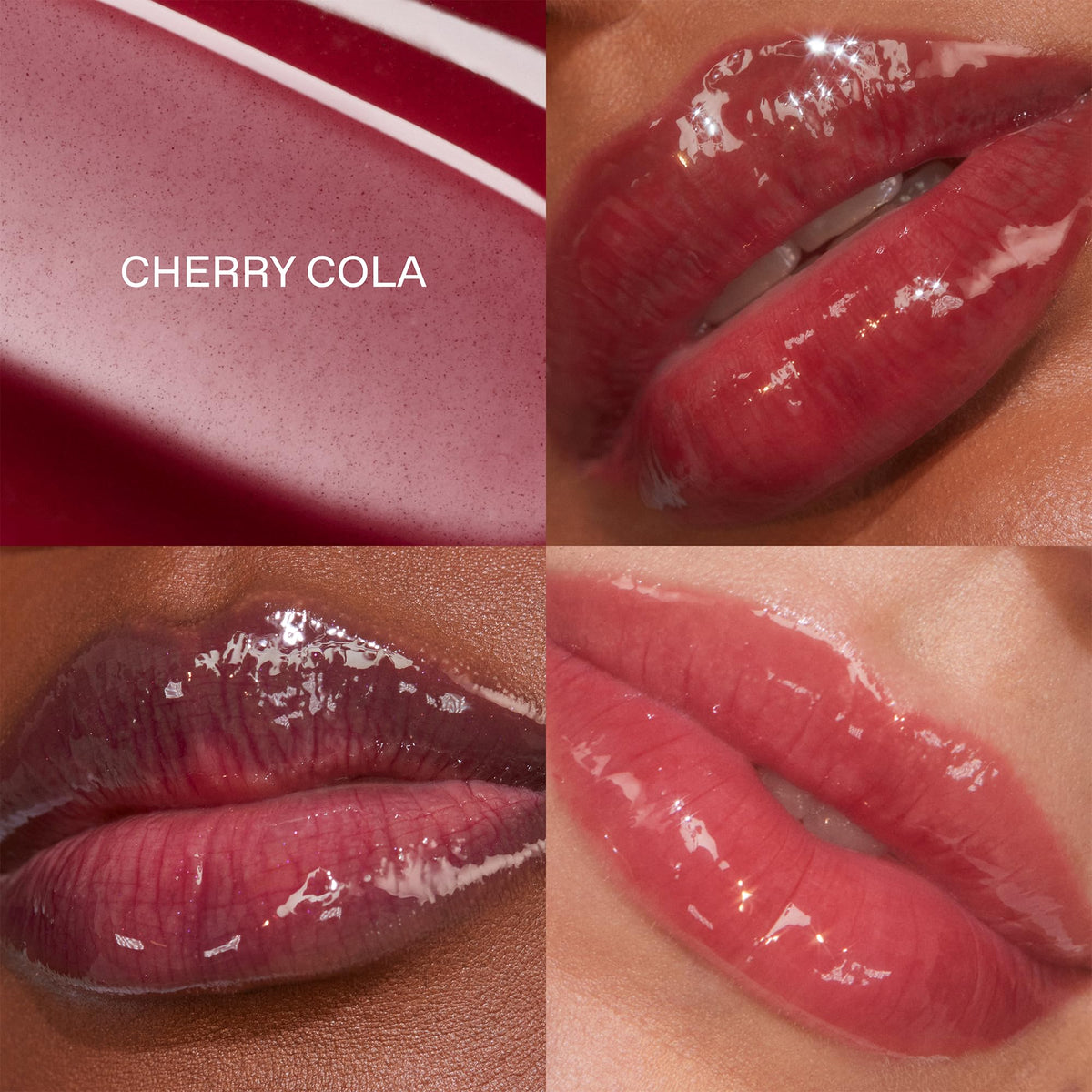 Rem Beauty Cherry Cola swatch delivers sheer color with high shine