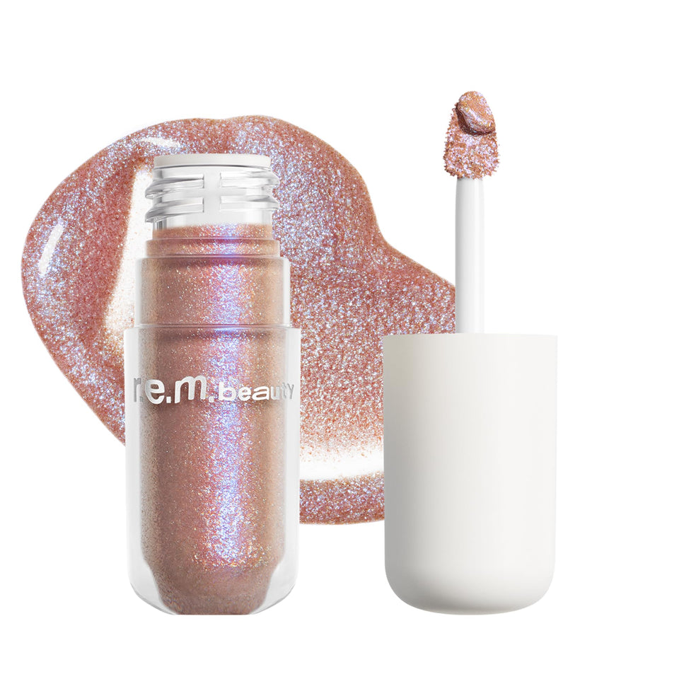 rem beauty Starlet Lustrous Liquid Eyeshadow Fembot application swatch for vivid color and long wear