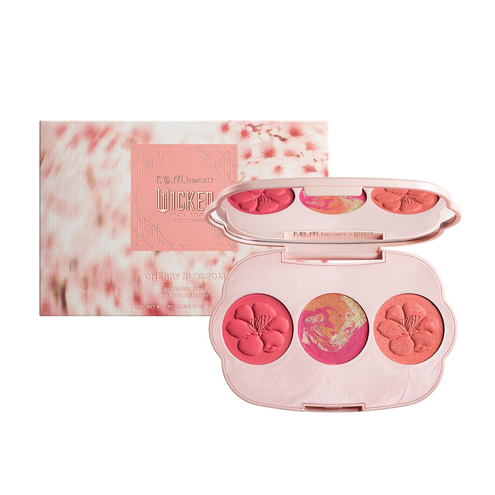 Rem Beauty Wicked for Good Cherry Blossom Blush Palette closeup reveals a soft blendable trio for warm cheeks.