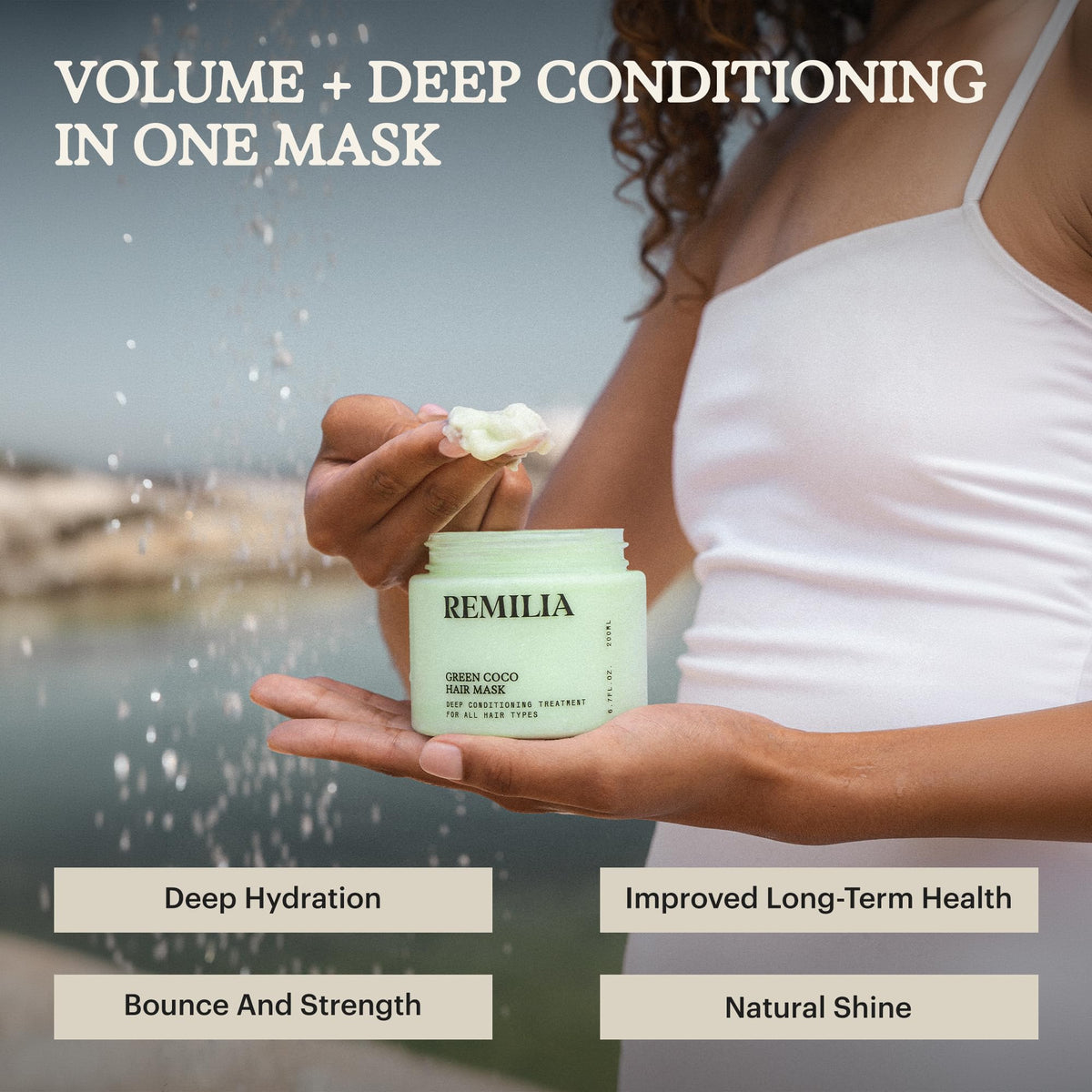 Remilia Hair Green Coco Mask with hydrolyzed rice protein for added fullness