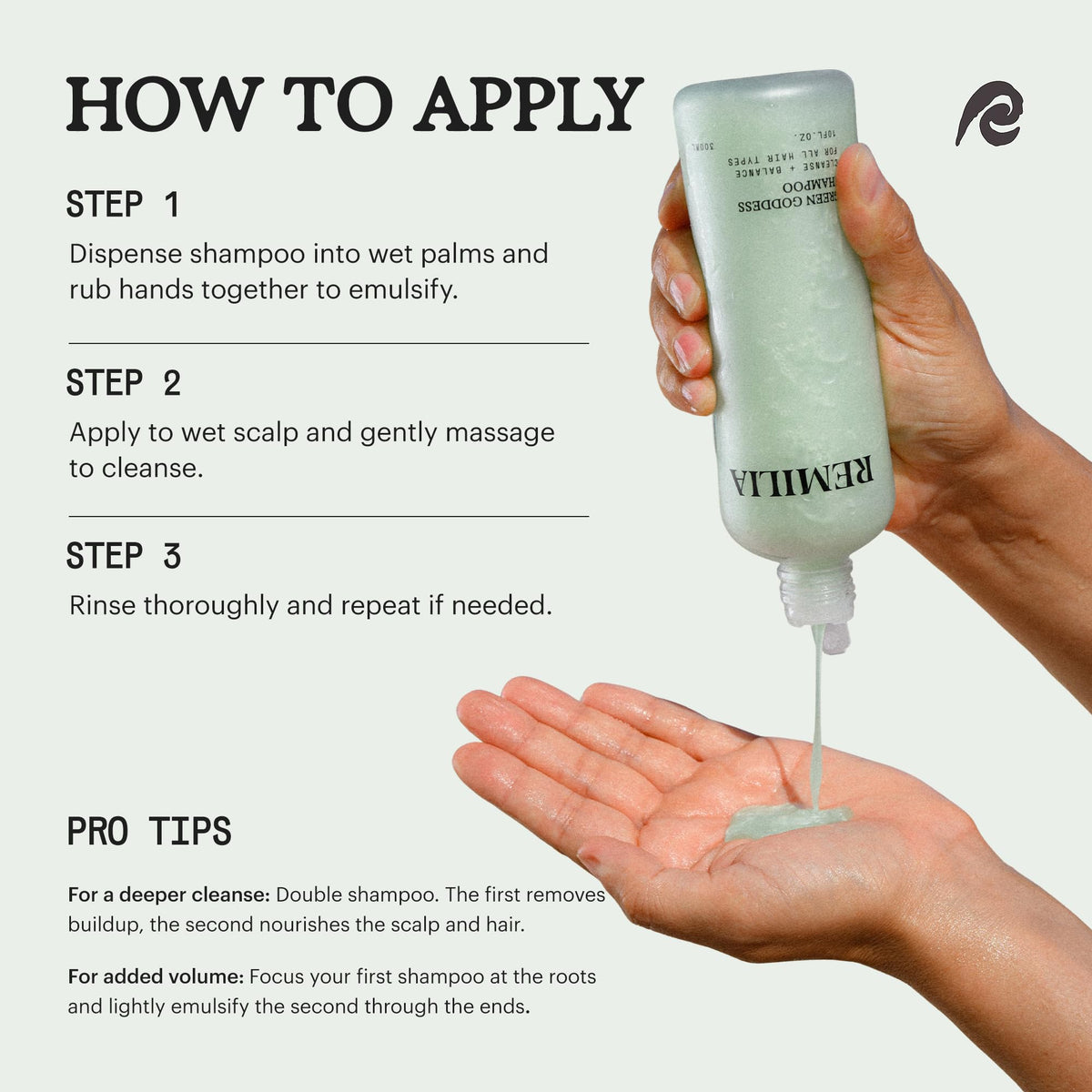 Remilia Green Goddess Shampoo pour close-up shows color-safe formula
