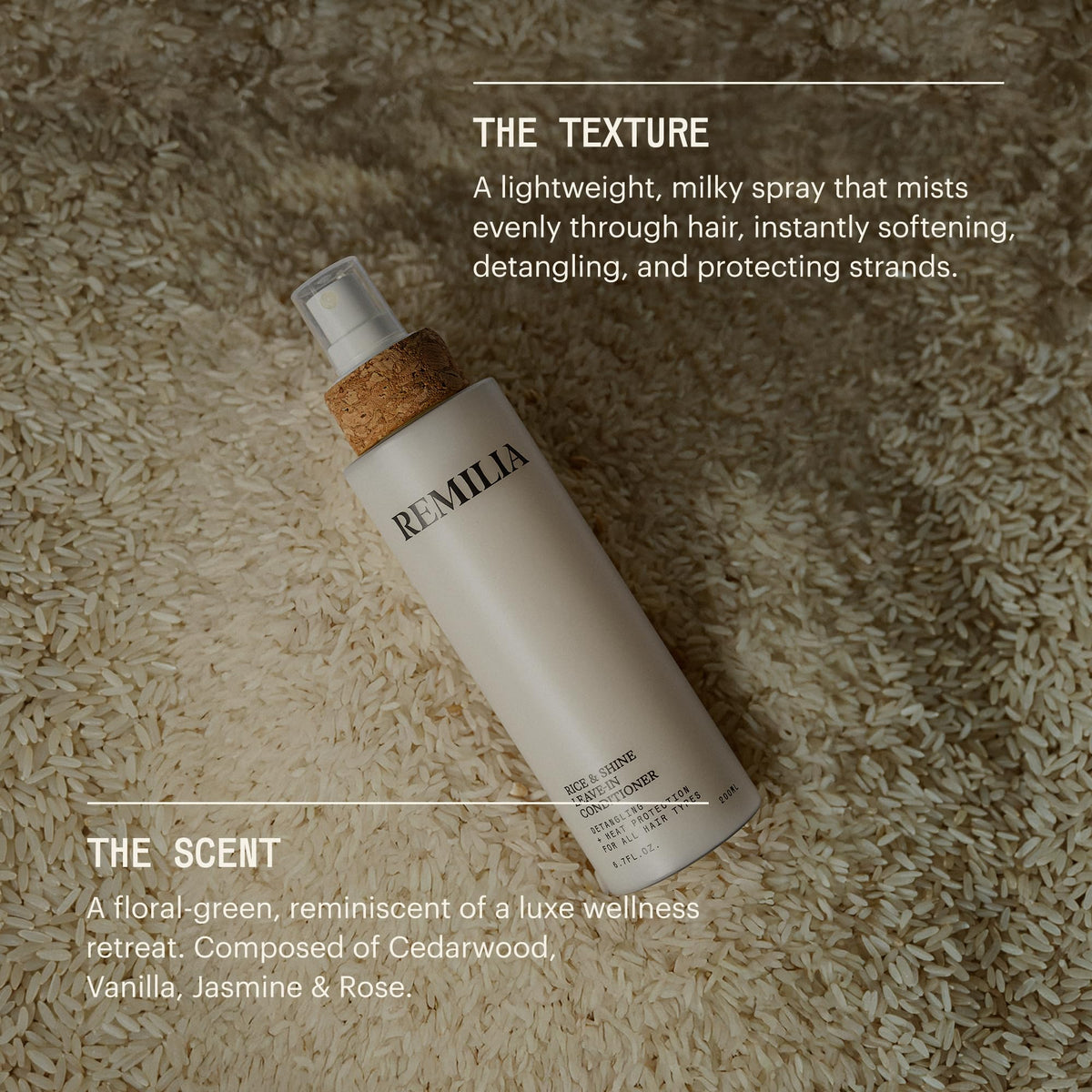 Remilia Rice & Shine detangling-soft-hair enables gentle comb-through on damp or dry hair.