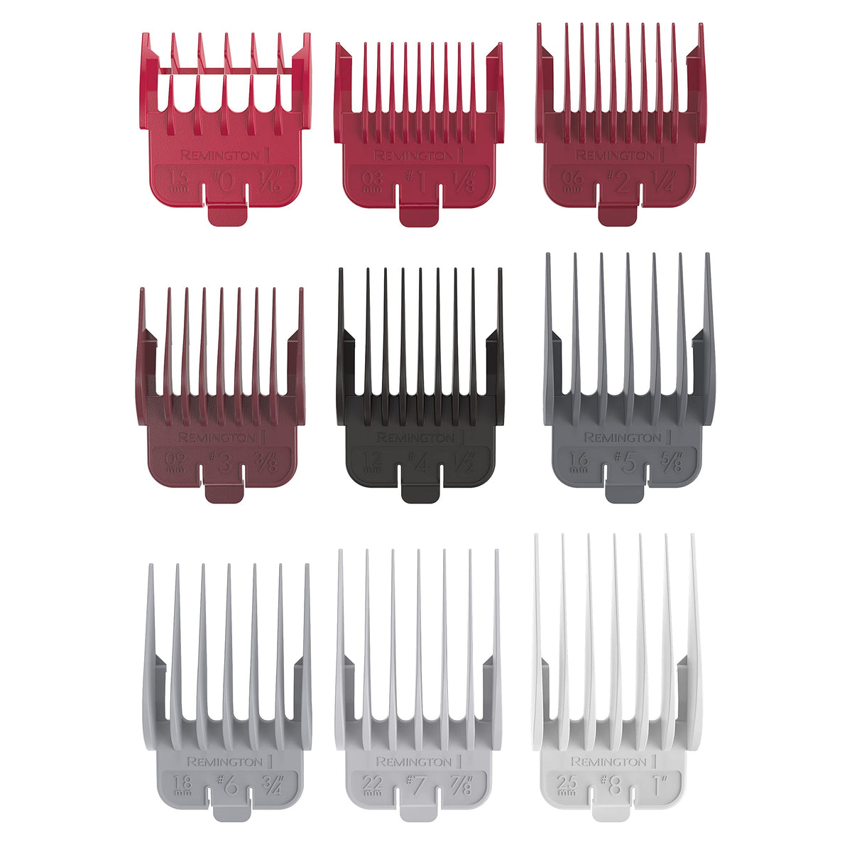 Remington nine standard fixed combs provide consistent cutting guides.