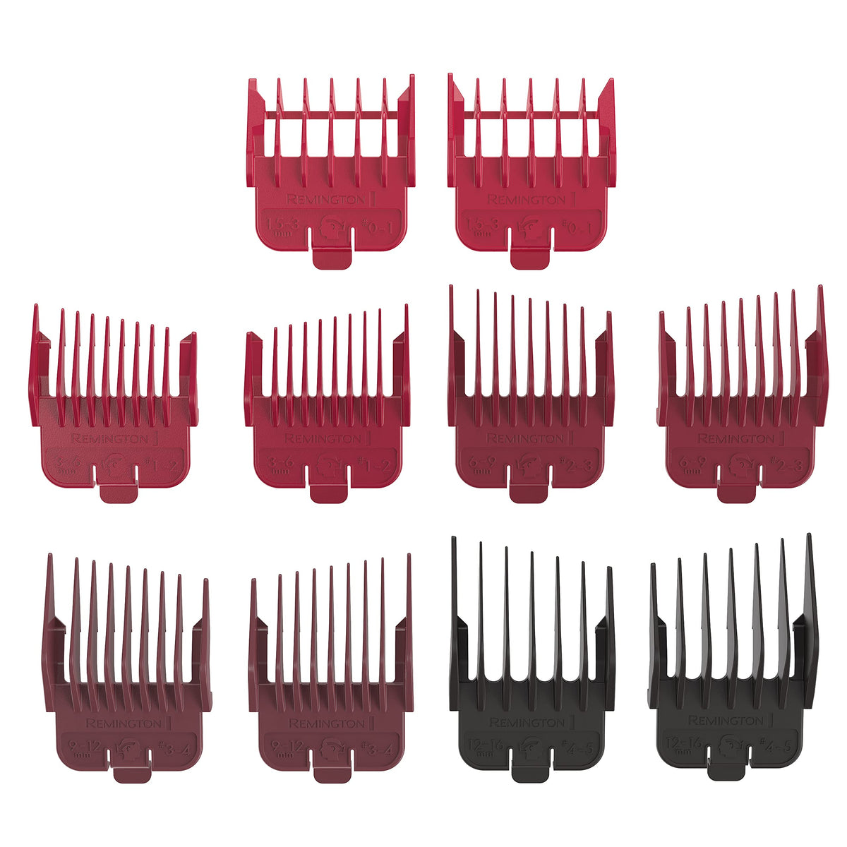 Remington five tapered fade combs enable seamless length blending.