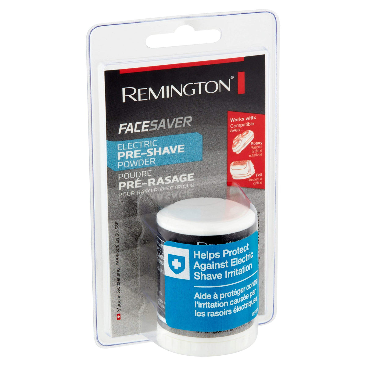 Remington FACESAVER powder stick pack for travel use, reduces irritation and primes skin for electric shaves.