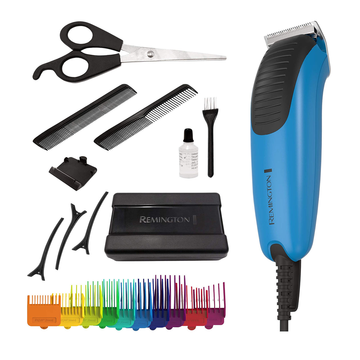 Remington Kids Haircut Kit color-coded combs for quick, consistent home trims.