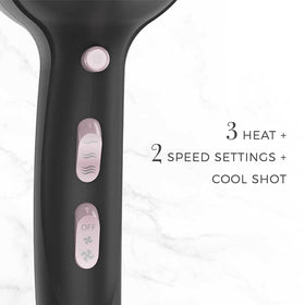 Remington Pro Pearl Ceramic Hair Dryer side view highlights three heat settings for customizable styling.