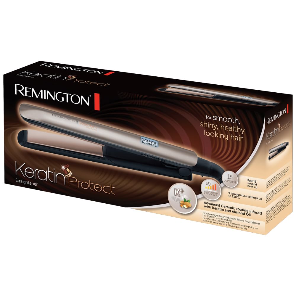 Remington S8540 digital temperature display shows five adjustable heat settings.