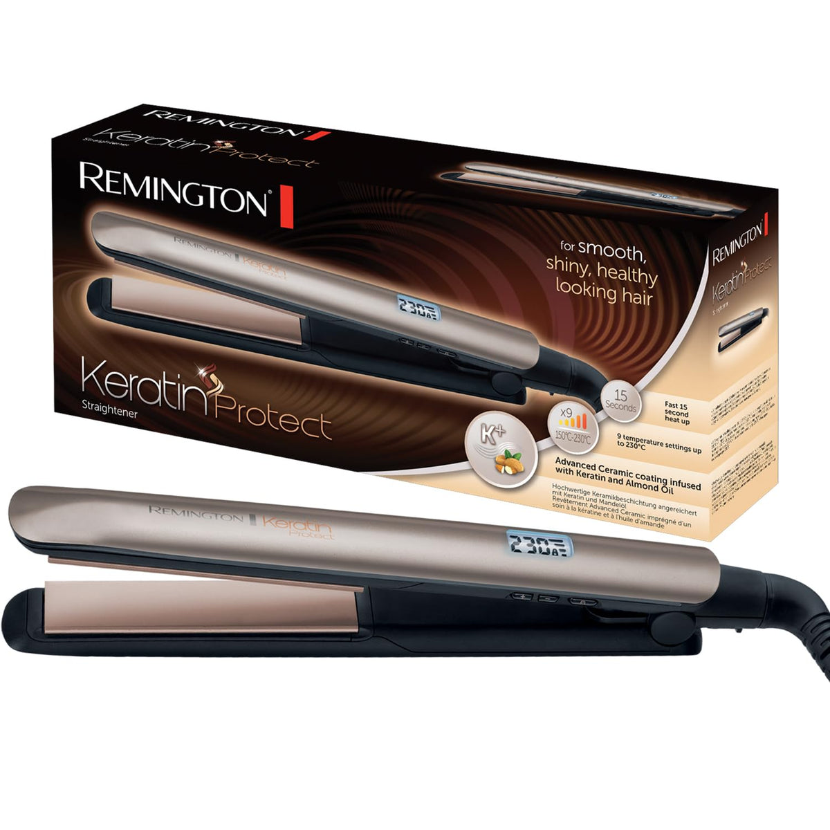 Remington S8540 keratin-protect plates deliver a smoother, shinier finish.