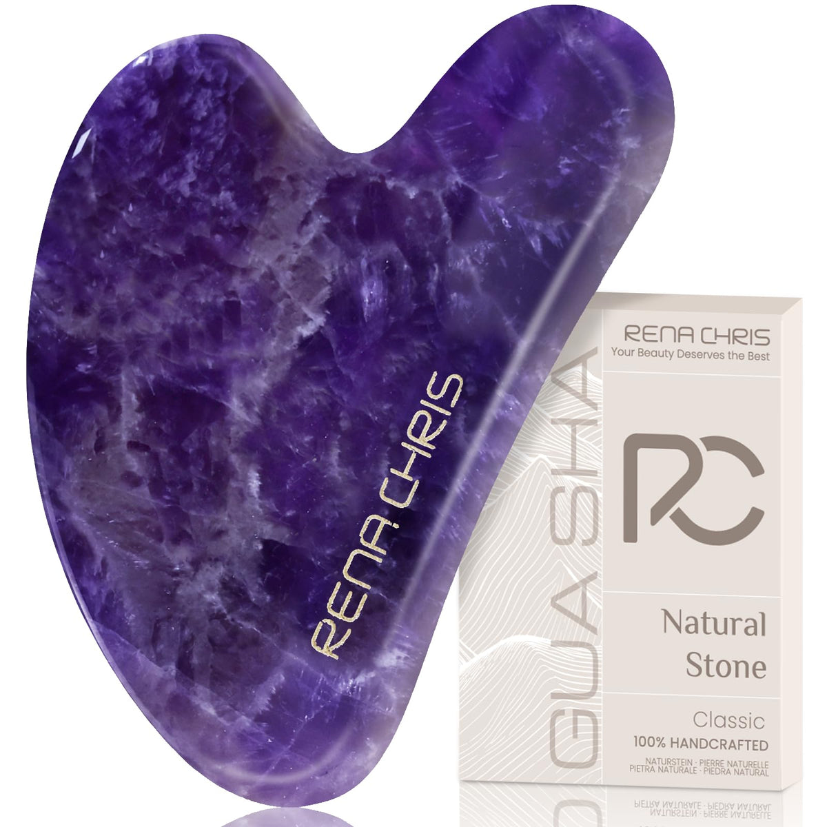 Rena Chris Amethyst gua sha tool close-up for soothing facial massage