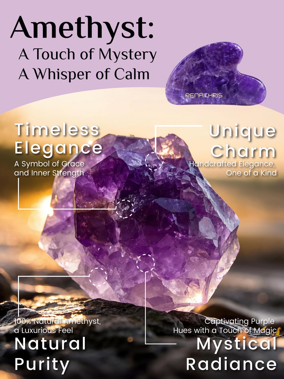 Rena Chris Amethyst gua sha tool focuses on jawline sculpting