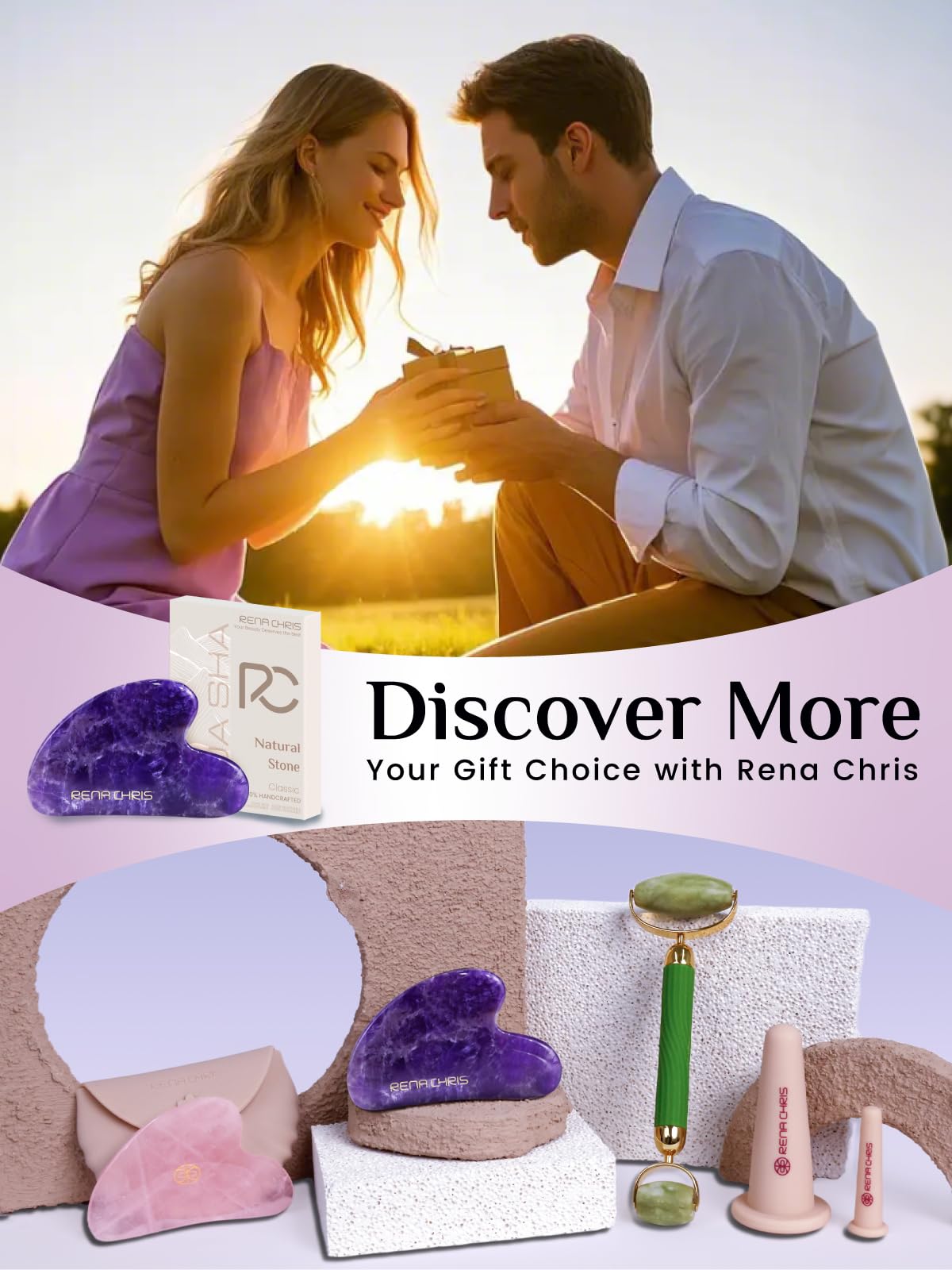 Rena Chris amethyst gua sha tool with oil for smooth glide