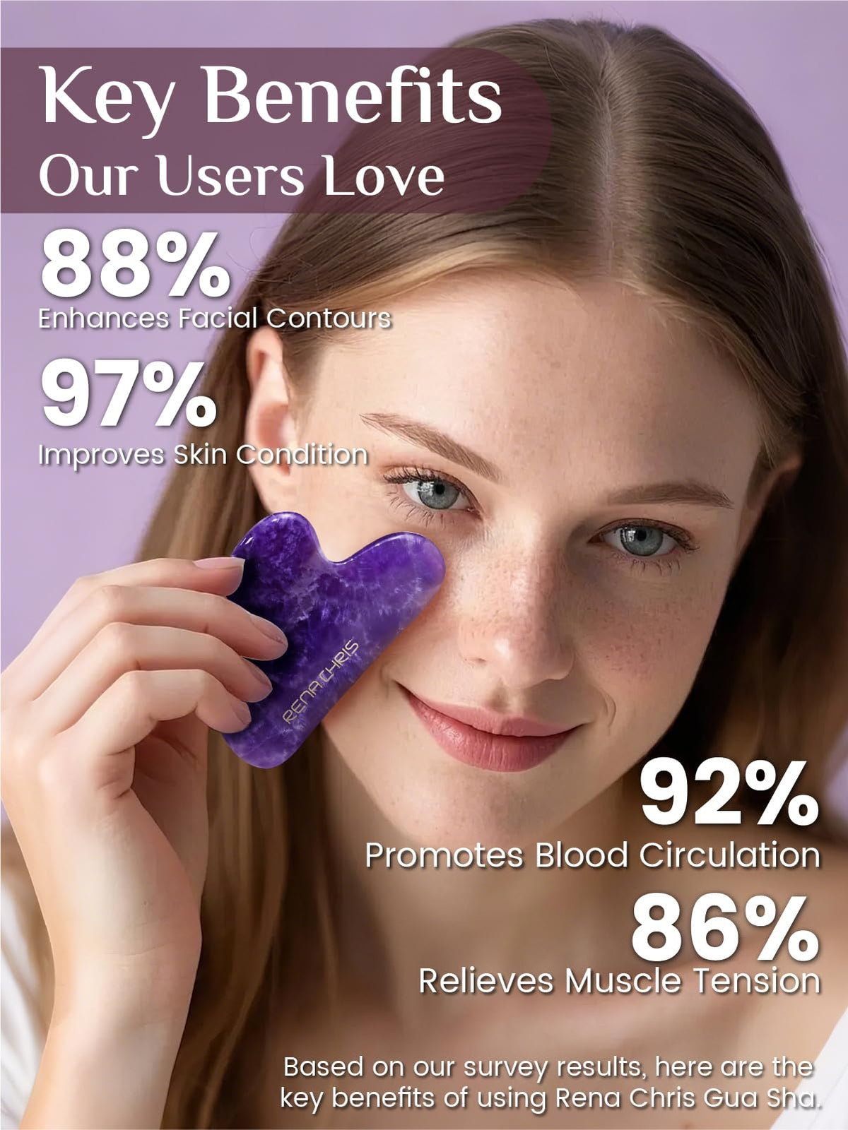 Rena Chris amethyst gua sha tool showing puffiness relief in use