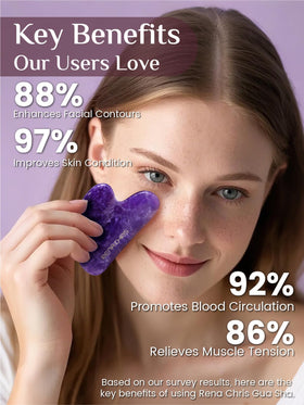 Rena Chris amethyst gua sha tool showing puffiness relief in use