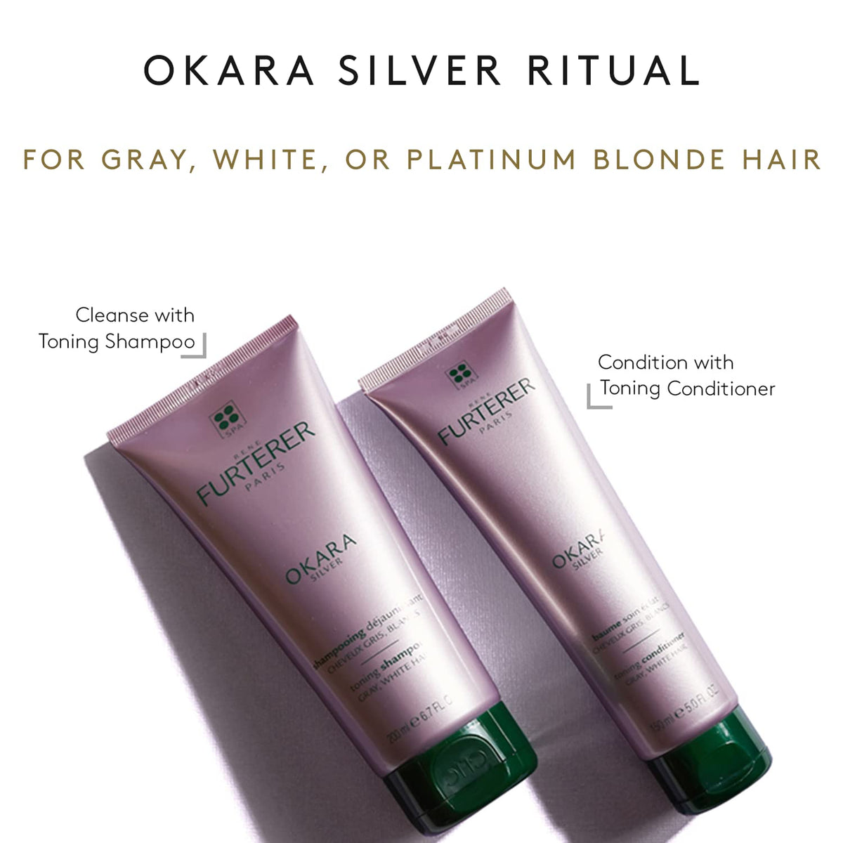 Rene Furterer OKARA Silver packaging emphasizes Okara Extract and purple toning pigments.