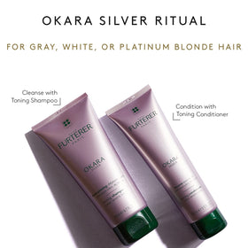 Rene Furterer OKARA Silver packaging emphasizes Okara Extract and purple toning pigments.