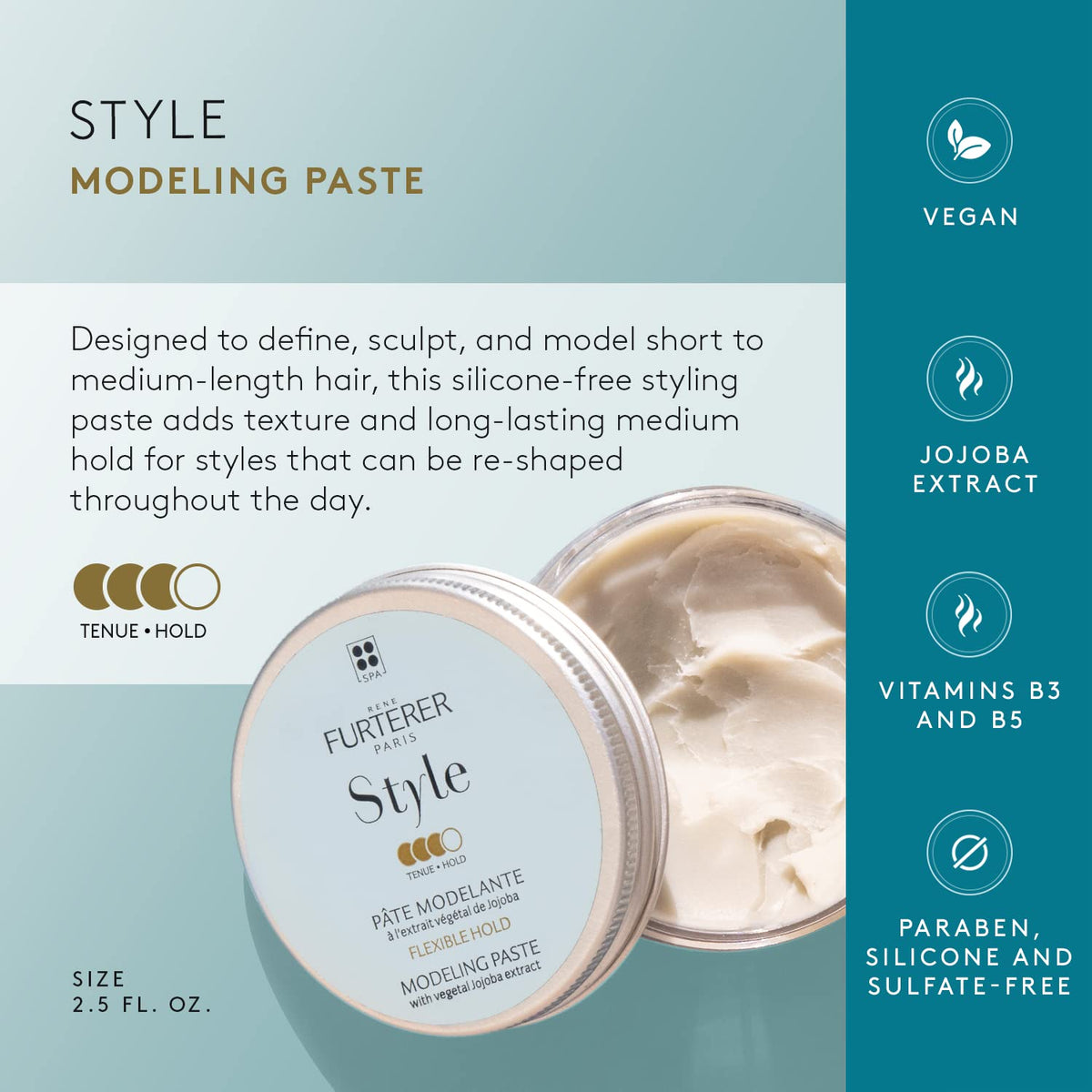 Rene Furterer STYLE Modeling Paste hands application showing texture and re-shaping