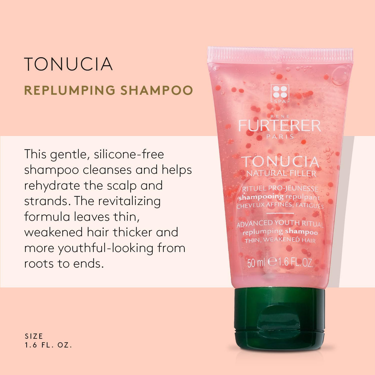 Rene Furterer Tonucia Replumping Shampoo pour demonstrates easy application for even distribution.