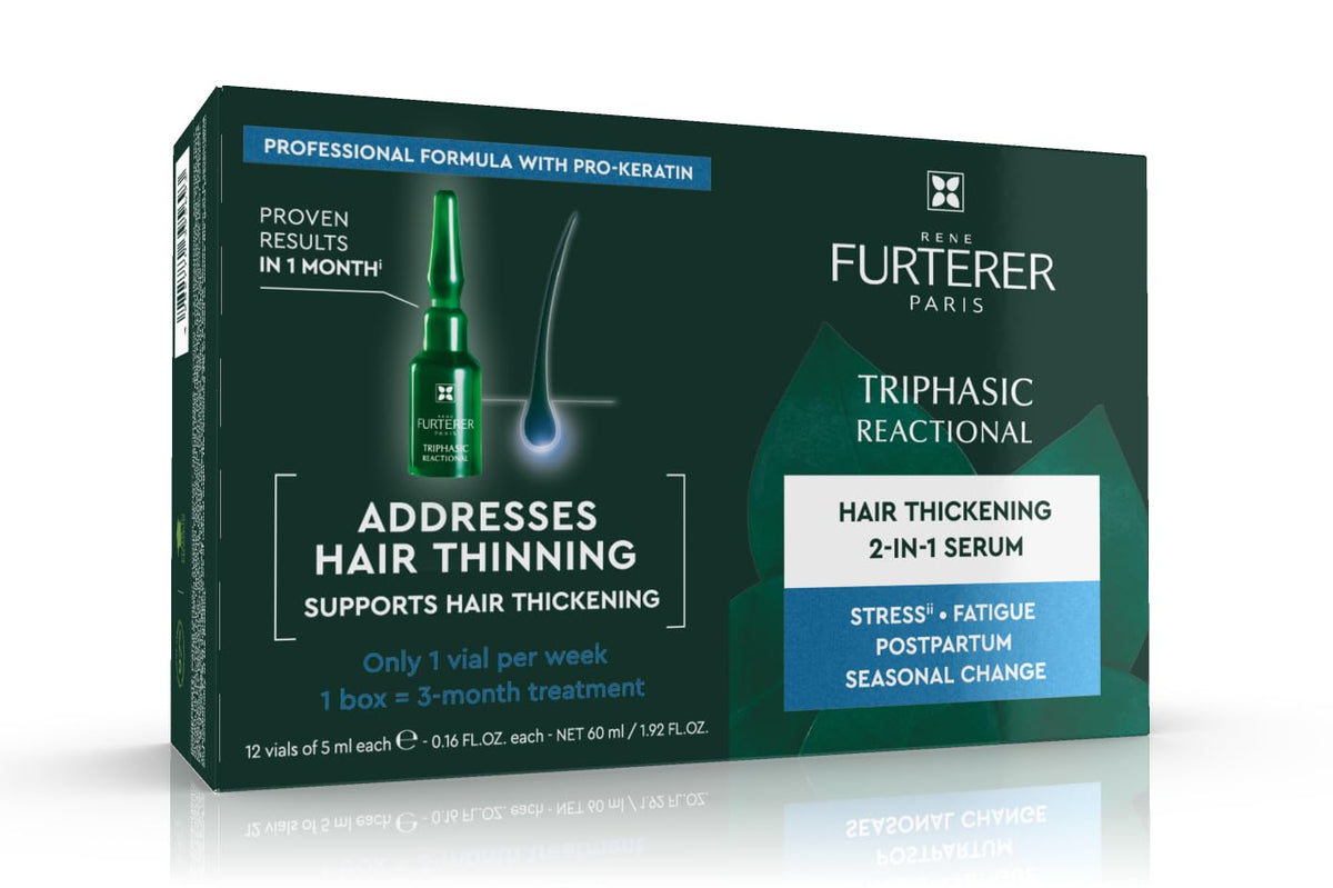 Rene Furterer Triphasic Serum bottle close-up for scalp care