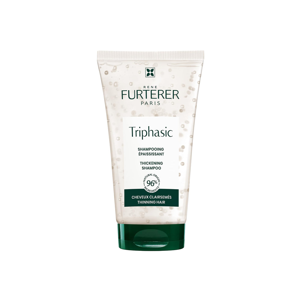 René Furterer Triphasic Strengthening Shampoo bottle demonstrates energized scalp and fuller-looking hair.