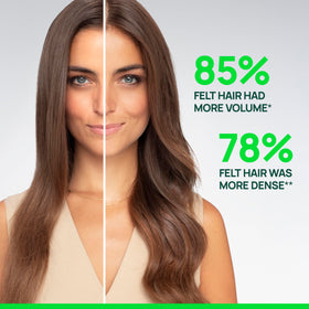 Close-up of ingredients shows ATP and Pfaffia supporting thinning hair potential.