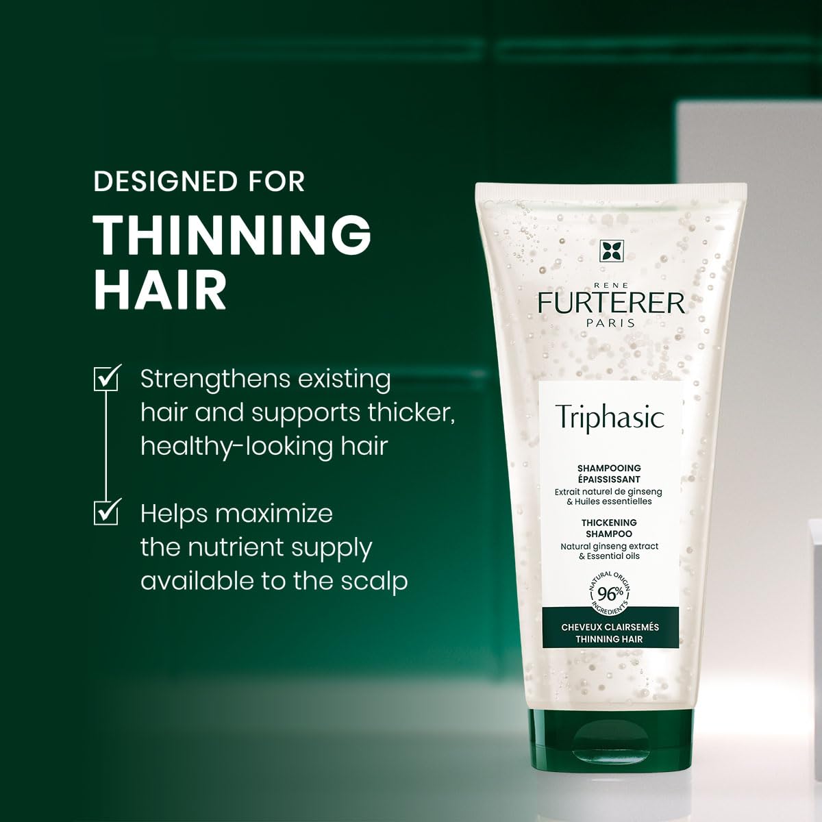 René Furterer Triphasic Strengthening Shampoo label highlights Pfaffia extract and essential oils for scalp balance.