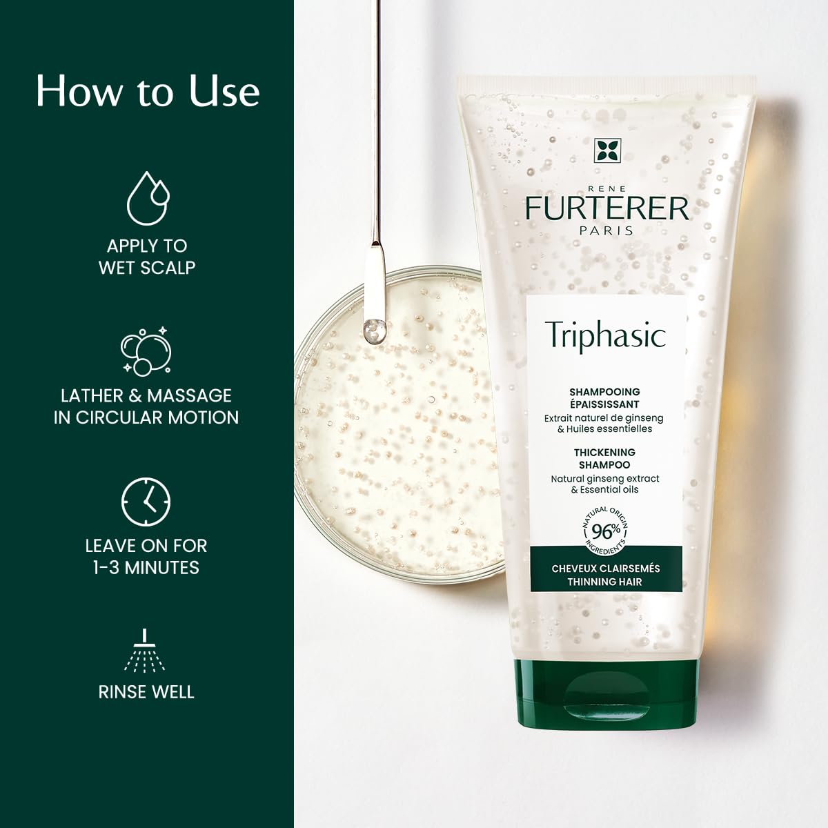René Furterer Triphasic Strengthening Shampoo travel-size bottle for on-the-go thinning hair care.