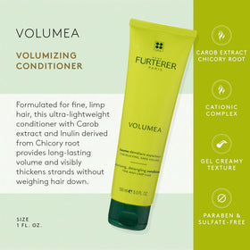 Rene Furterer Volumea bottle back lists ingredients for fine hair care.