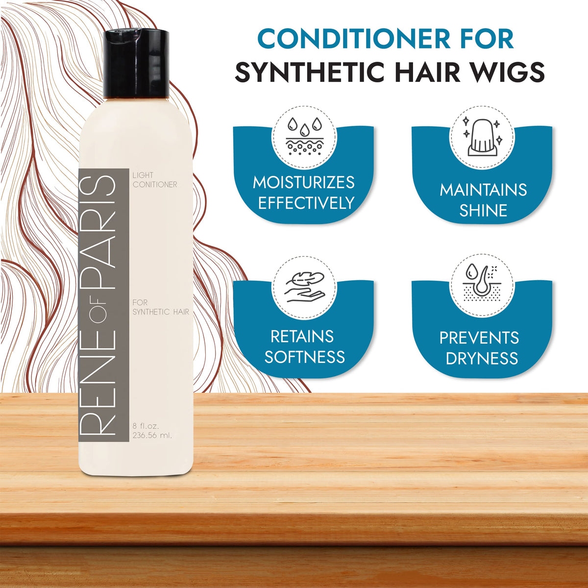 Rene of Paris conditioner applied on wig demonstrates smooth, even fibers.